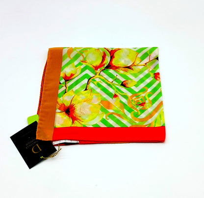 Italian Silk Handkerchief/Neckerchief Floral Square Scarf 17x17 – Made In Italy - Green, Yellow, Orange
