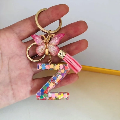 Pink Personalized Resin Alphabet Initial Tassel Butterfly Keychain Bag Charm