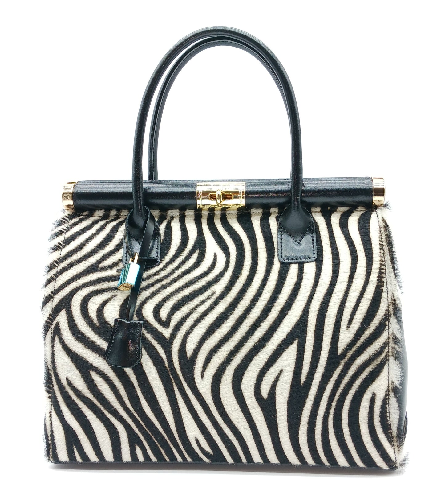 Lock & Key White Zebra Fur Black Genuine Leather Handbag Satchel – Made In Italy