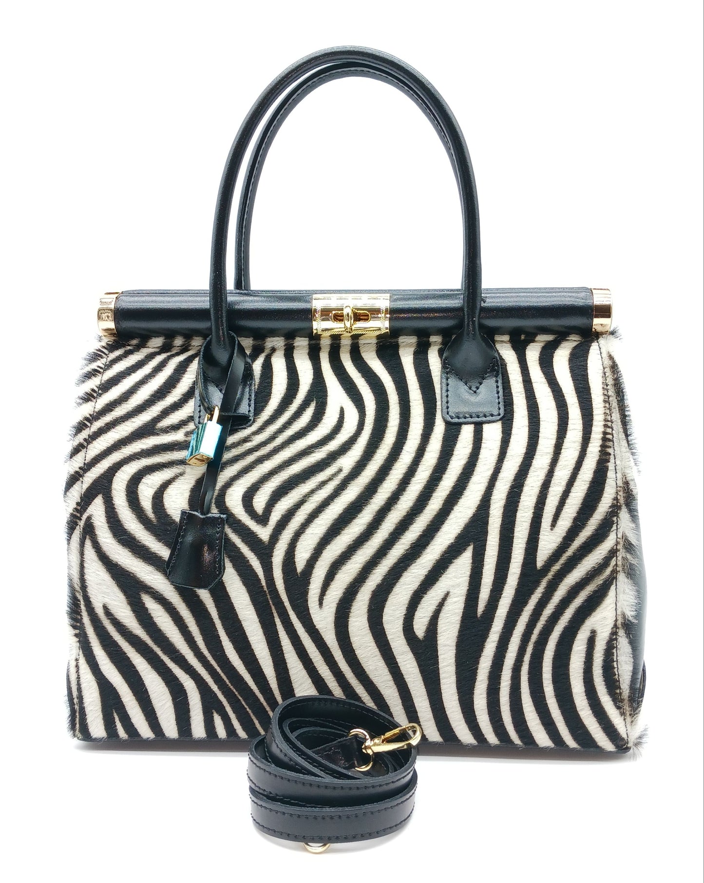 Lock & Key White Zebra Fur Black Genuine Leather Handbag Satchel – Made In Italy
