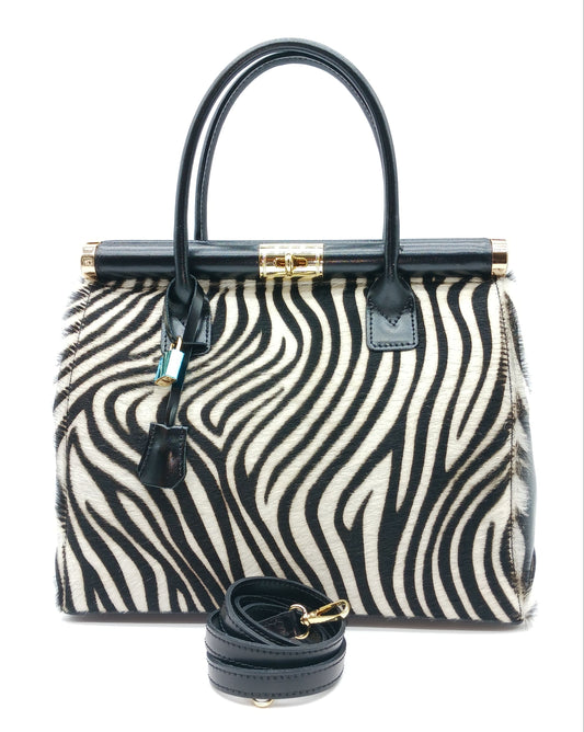Lock & Key White Zebra Fur Black Genuine Leather Handbag Satchel – Made In Italy