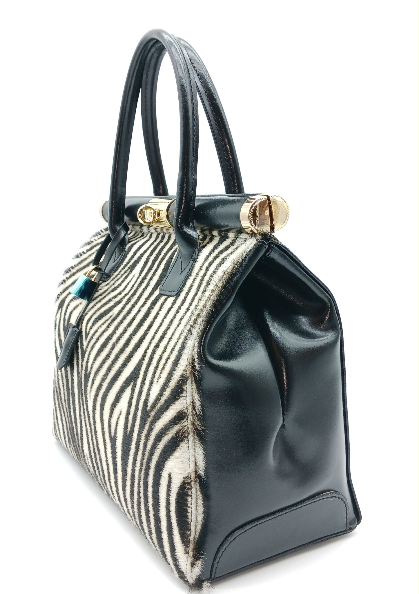 Lock & Key White Zebra Fur Black Genuine Leather Handbag Satchel – Made In Italy