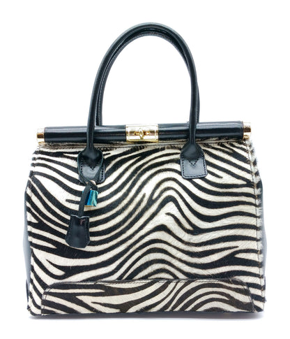 Lock & Key White Zebra Fur Black Genuine Leather Handbag Satchel – Made In Italy