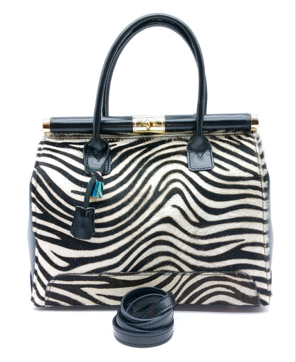 Lock & Key White Zebra Fur Black Genuine Leather Handbag Satchel – Made In Italy
