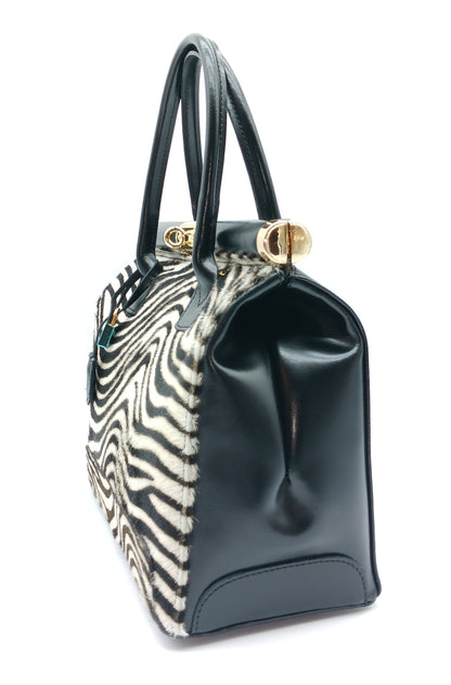 Lock & Key White Zebra Fur Black Genuine Leather Handbag Satchel – Made In Italy