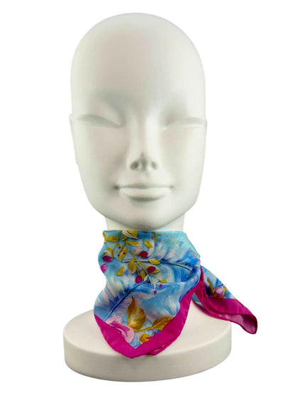 Silk Pink Sky Blue Handkerchief/Neckerchief Floral Square Scarf 17x17 – Made In Italy - DumasvilleBoutique