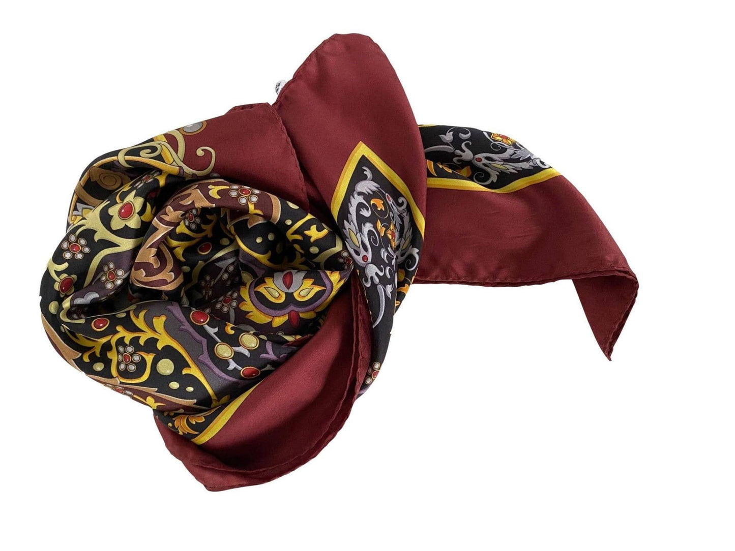 Luxury Jewel Design Silk Twill Square Scarf 35x35 – Made In Italy – Bordeaux Multicolor - DumasvilleBoutique