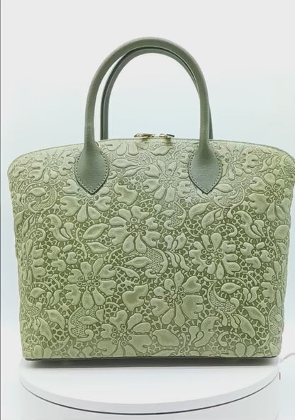 Army Green Genuine Leather Floral Embossed Handbag Satchel – Made In Italy
