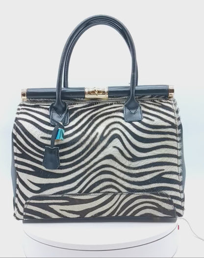 Lock & Key White Zebra Fur Black Genuine Leather Handbag Satchel – Made In Italy