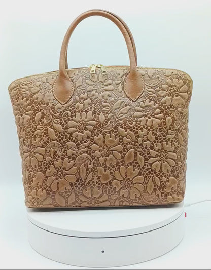 Brown Genuine Leather Floral Embossed Handbag Satchel – Made In Italy