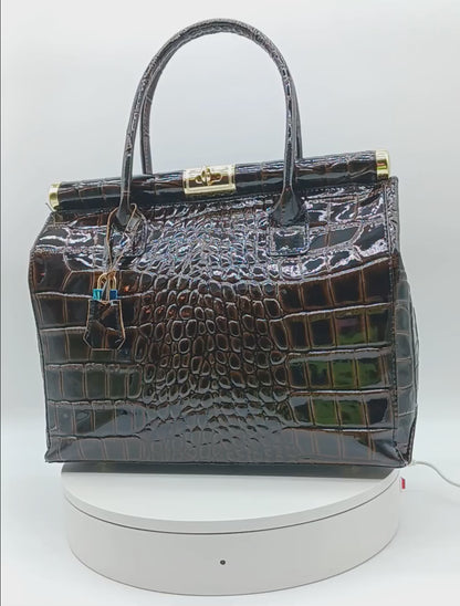 Lock & Key Shiny Croc Embossed Genuine Leather Handbag Satchel – Made In Italy - Dark Brown