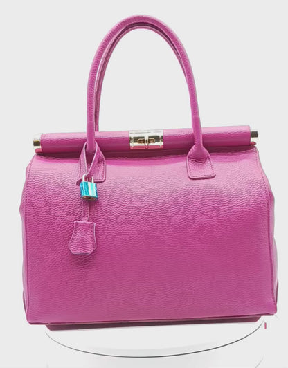 Lock & Key Genuine Pebble Leather Handbag Satchel - Fuchsia – Made In Italy
