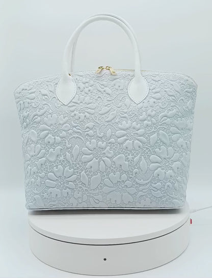 Light Gray Genuine Leather Floral Embossed Handbag Satchel – Made In Italy