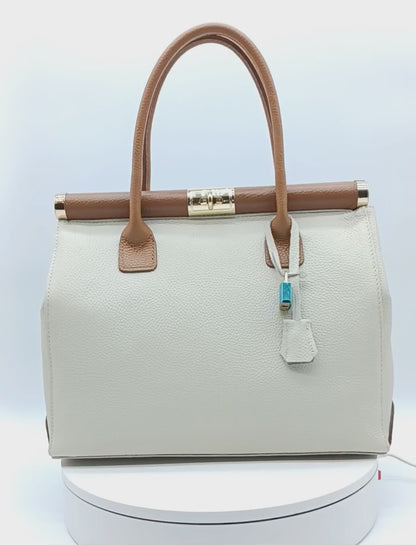 Lock & Key Genuine Pebble Leather Handbag Satchel - Beige Brown – Made In Italy