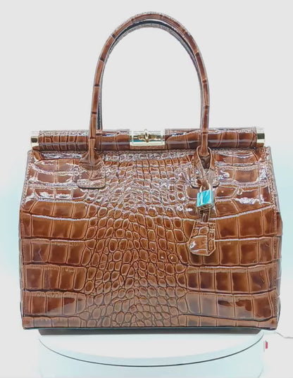 Lock & Key Shiny Croc Embossed Genuine Leather Handbag Satchel – Made In Italy - Brown