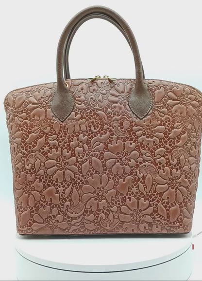 Chocolate Brown Genuine Leather Floral Embossed Handbag Satchel – Made In Italy