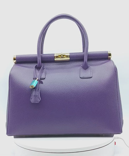 Lock & Key Genuine Pebble Leather Handbag Satchel - Purple – Made In Italy