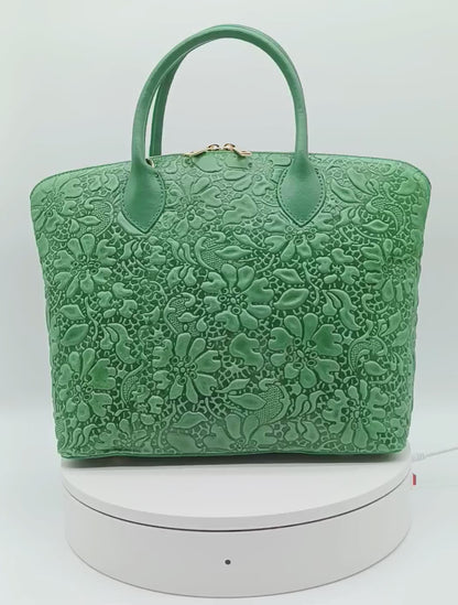 Green Genuine Leather Floral Embossed Handbag Satchel – Made In Italy
