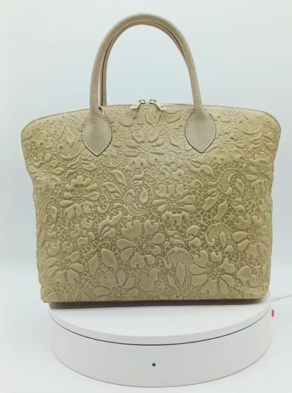 Taupe Genuine Leather Floral Embossed Handbag Satchel – Made In Italy