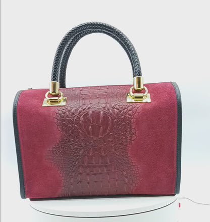 Genuine Suede & Leather Croc Embossed Satchel Handbag - Bordeaux – Made In Italy