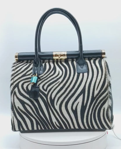 Lock & Key White Zebra Fur Black Genuine Leather Handbag Satchel – Made In Italy