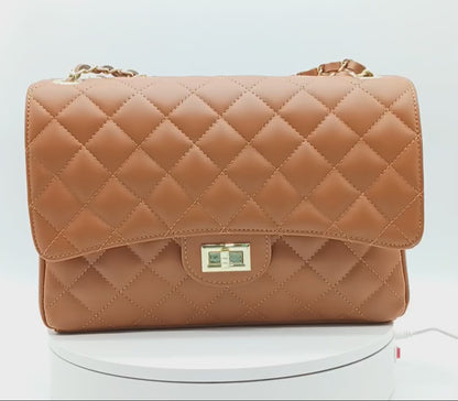 Genuine Leather Quilted Handbag (X-Large) Cognac Brown – Made In Italy