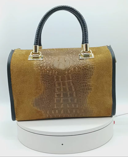 Genuine Suede & Leather Croc Embossed Satchel Handbag - Brown – Made In Italy