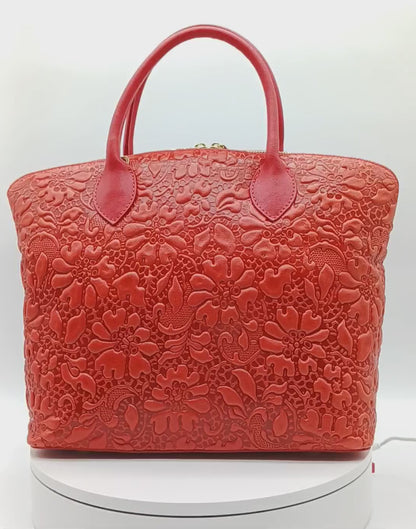 Red Genuine Leather Floral Embossed Handbag Satchel – Made In Italy