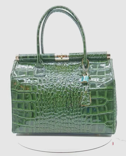 Lock & Key Shiny Croc Embossed Genuine Leather Handbag Satchel – Made In Italy - Green
