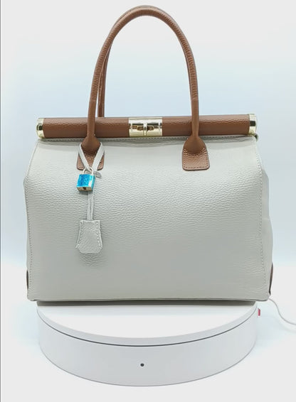 Lock & Key Genuine (Treated) Pebble Leather Handbag Satchel - Beige Brown – Made In Italy