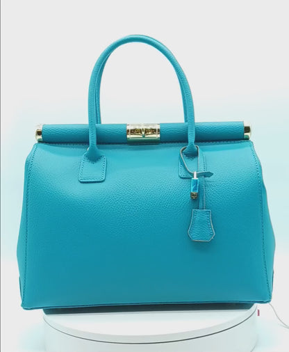 Lock & Key Genuine Pebble Leather Satchel Handbag - Turquoise – Made In Italy