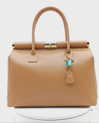 Lock & Key Genuine Pebble Leather Handbag Satchel - Cognac Brown – Made In Italy