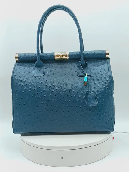 Lock & Key Genuine Ostrich Embossed Leather Handbag Satchel - Blue – Made In Italy