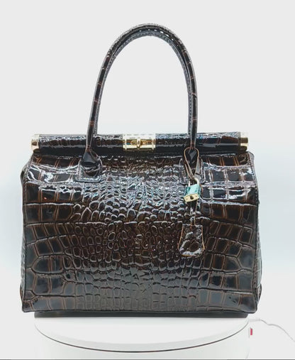 Lock & Key Shiny Croc Embossed Genuine Leather Handbag Satchel – Made In Italy - Dark Brown