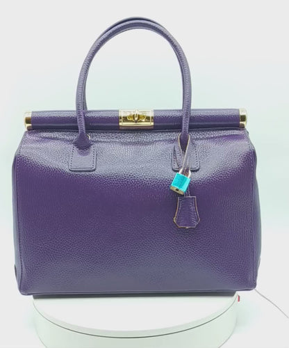 Lock & Key Genuine Pebble Leather Handbag Satchel - Purple – Made In Italy