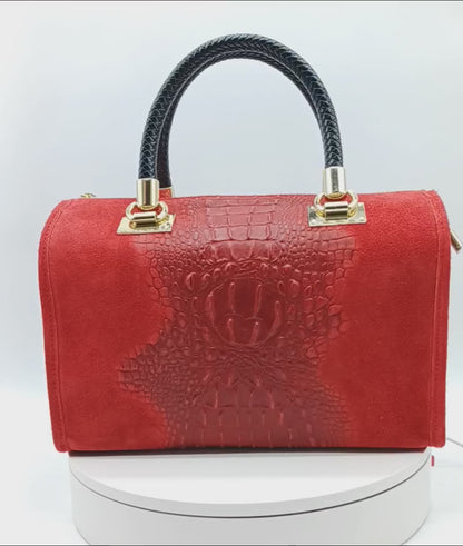 Genuine Suede & Leather Croc Embossed Satchel Handbag - Red – Made In Italy
