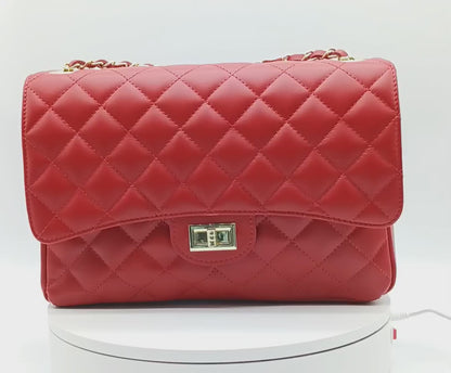 Genuine Leather Quilted Handbag (X-Large) Red – Made In Italy
