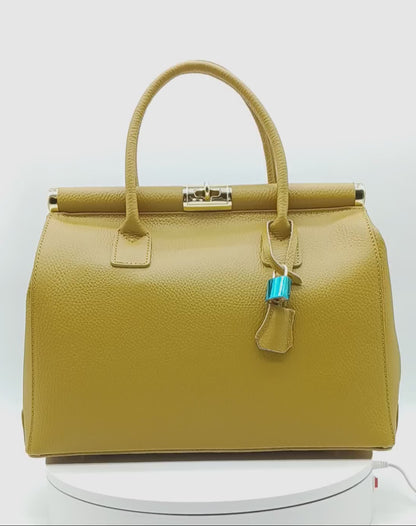 Lock & Key Genuine Pebble Leather Handbag Satchel - Mustard Yellow – Made In Italy