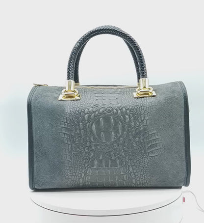 Genuine Suede & Leather Croc Embossed Satchel Handbag - Dark Gray – Made In Italy