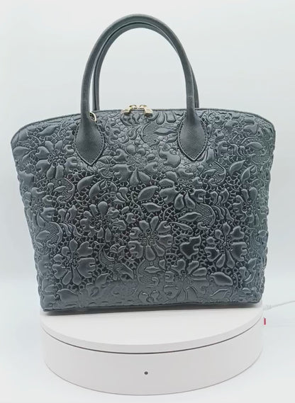 Black Genuine Leather Floral Embossed Handbag Satchel – Made In Italy