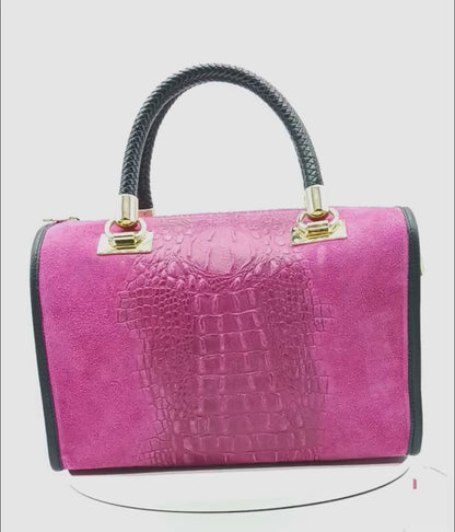 Genuine Suede & Leather Croc Embossed Satchel Handbag - Fuchsia – Made In Italy