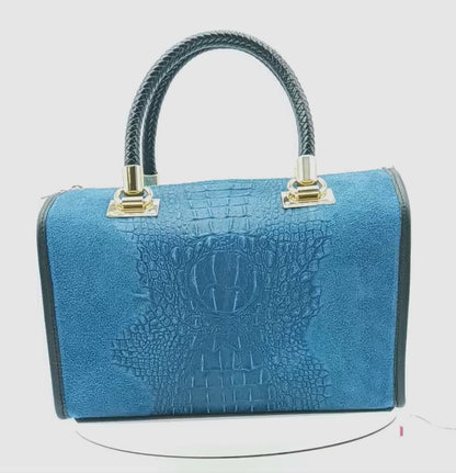 Genuine Suede & Leather Croc Embossed Satchel Handbag - Blue Jeans – Made In Italy
