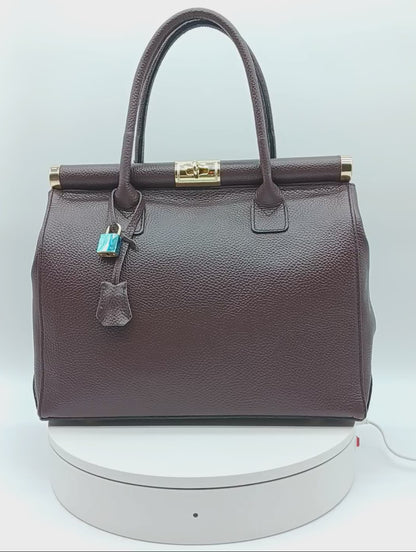Lock & Key Genuine (Treated) Pebble Leather Handbag Satchel - Bordeaux – Made In Italy