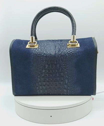 Genuine Suede  & Leather Croc Embossed Satchel Handbag - Dark Blue – Made In Italy