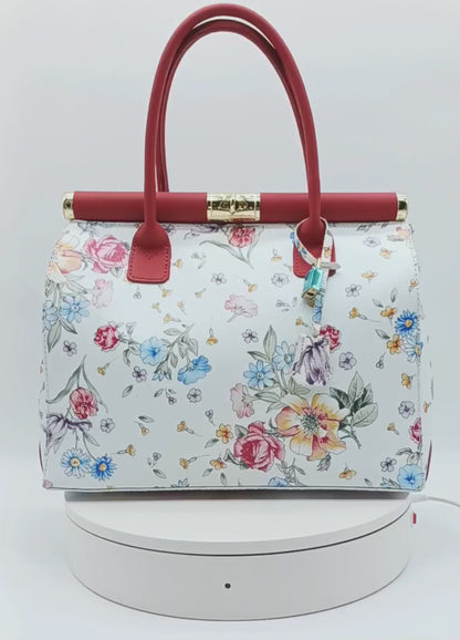 Lock & Key Genuine Pebble Leather White Red Floral Handbag Satchel  – Made In Italy
