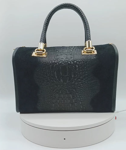 Genuine Suede & Leather Croc Embossed Satchel Handbag - Black – Made In Italy