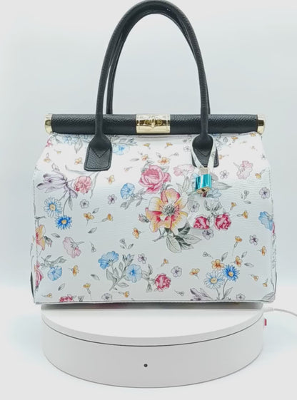 Lock & Key Genuine Pebble Leather White Black Floral Handbag Satchel  – Made In Italy