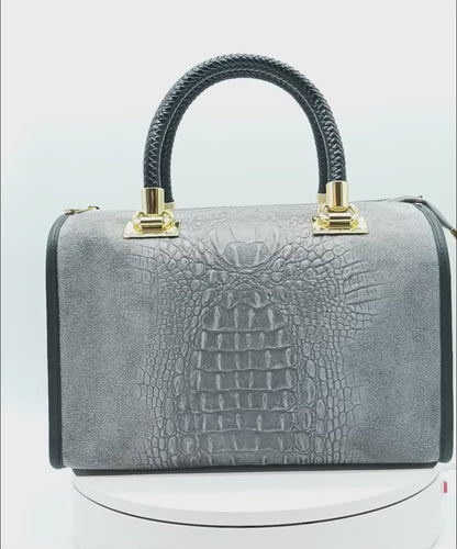 Genuine Suede & Leather Croc Embossed Satchel Handbag - Gray – Made In Italy