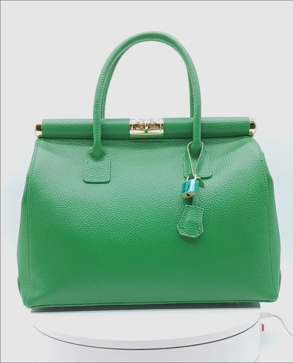 Lock & Key Genuine Pebble Leather Handbag Satchel - Green – Made In Italy