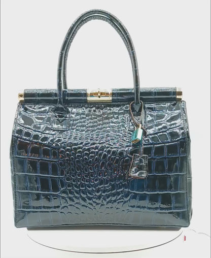 Lock & Key Shiny Croc Embossed Genuine Leather Handbag Satchel – Made In Italy - Dark Blue